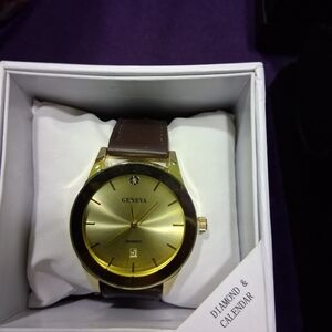 Geneva Gold Dial Watch with Brown Strap